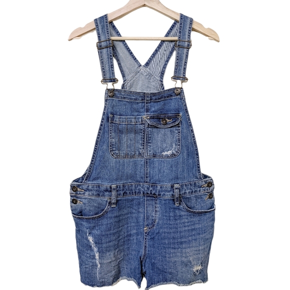 Jean Overalls Shorts Distressed Denim Shortalls Medium Wash Blue Medium Mossimo - Picture 2 of 9